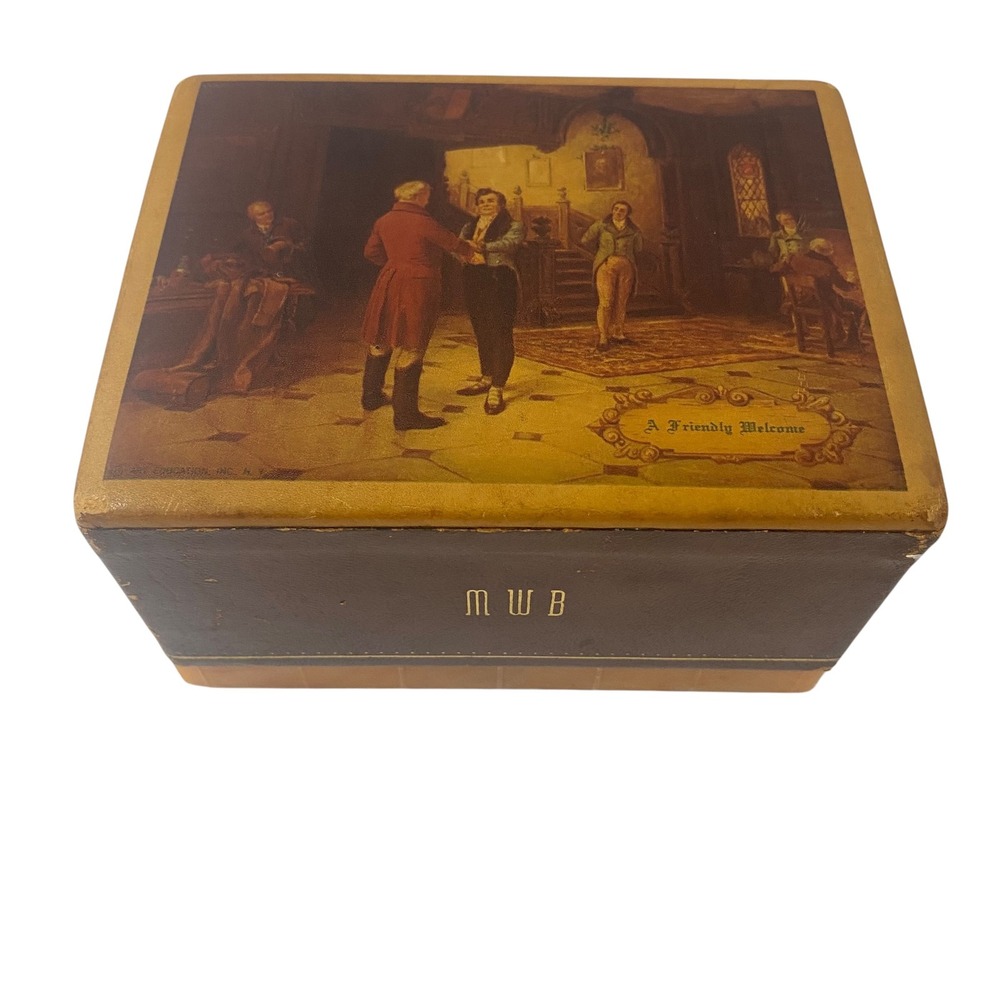 Vtg Friendly Welcome Tavern Scene Leather Playing Card Box‎ Monogram MWB Brown
